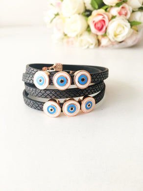 Evil Eye Bracelet, Leather Bracelet, Nazar Boncuk - Evileyefavor