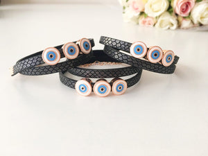 Evil Eye Bracelet, Leather Bracelet, Nazar Boncuk - Evileyefavor