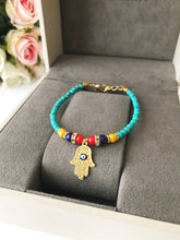 Evil Eye Bracelet, Gold Hamsa Charm Bracelet, Turquoise Seed Beads Bracelet - Evileyefavor