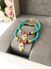 Evil Eye Bracelet, Gold Hamsa Charm Bracelet, Turquoise Seed Beads Bracelet - Evileyefavor