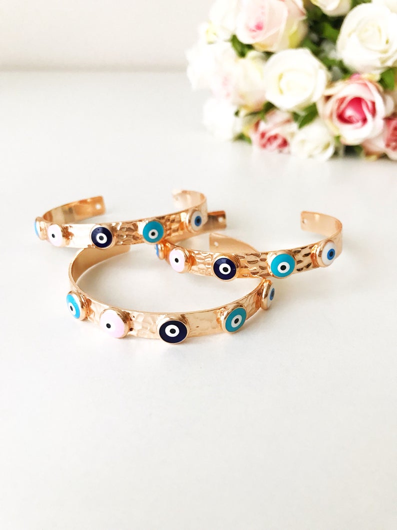 Rose Gold Bangle Bracelet, Evil Eye Beaded Bracelet, Cuff Bracelet, Bangles - Evileyefavor