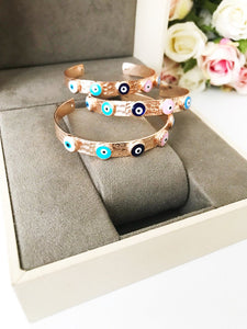 Rose Gold Bangle Bracelet, Evil Eye Beaded Bracelet, Cuff Bracelet, Bangles - Evileyefavor