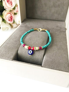 Seed Beads Bracelet, Blue Evil Eye Bead, Dainty Bracelet - Evileyefavor