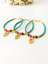 Evil Eye Bracelet, Gold Hamsa Charm Bracelet, Turquoise Seed Beads Bracelet - Evileyefavor