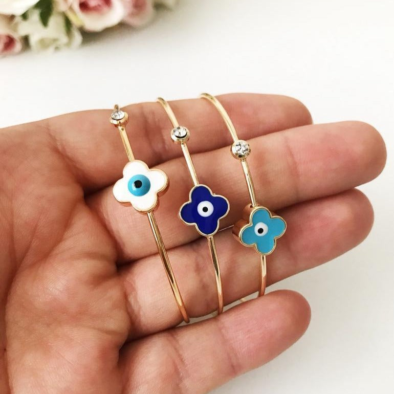 Evil Eye Bangle Bracelet, Clover Charm Bracelet, Gold Bangles