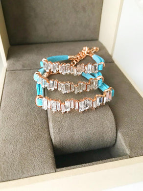 Baguette Bracelet, Cubic Zirconia, Turquoise Leather Bracelet, Rose Gold Bracelet - Evileyefavor