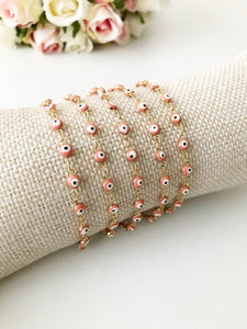 Evil Eye Chain Bracelet, White Pink Evil Eye Charm, Gold Link Chain Bracelet - Evileyefavor