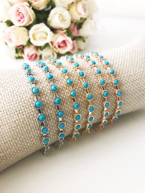 Turquoise Beaded Bracelet, Rose Gold Silver Chain Bracelet, Bridesmaid Jewelry - Evileyefavor