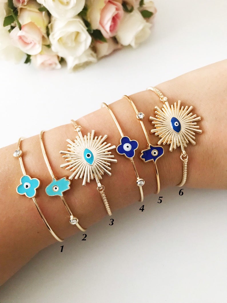 Evil Eye Bangle Bracelet, Hamsa Bangle Bracelet, Evil Eye Jewelry Set - Evileyefavor