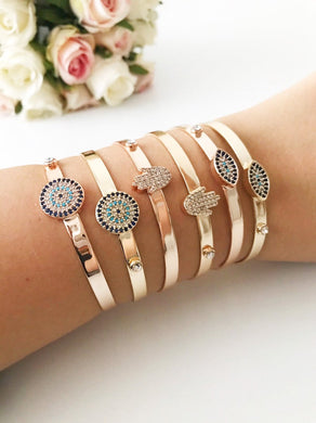 Bangle Bracelet, Evil Eye Cuff Bracelet, Hamsa Bracelet, Rose Gold Silver - Evileyefavor