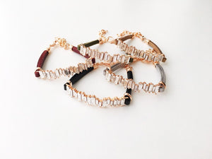 Rose Gold Baguette Bracelet, Cubic Zirconia Bracelet, Leather Bracelet - Evileyefavor