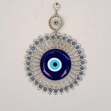 Large Glass Blue Evil Eye Wall Hanging Ornament with Round Eye Design, Metal