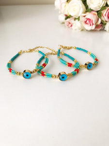 Turquoise Seed Beads Bracelet, Evil Eye Bracelet, Boho Bracelet - Evileyefavor