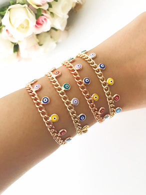 Evil Eye Charm Bracelet, Rose Gold Chain Bracelet, Rainbow Evil Eye Bead - Evileyefavor