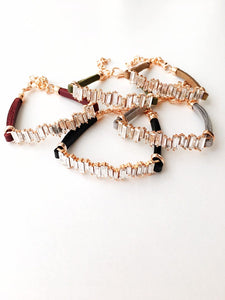 Rose Gold Baguette Bracelet, Cubic Zirconia Bracelet, Leather Bracelet - Evileyefavor