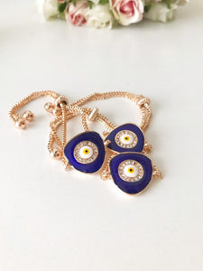 Evil Eye Bangle Bracelet, Evil Eye Charm Bracelet, Adjustable Rose Gold Bracelet Set - Evileyefavor