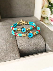 Turquoise Seed Beads Bracelet, Evil Eye Bracelet, Boho Bracelet - Evileyefavor
