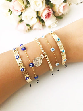 Gold Evil Eye Bracelet Set, Bangle Bracelet, Tiny Evil Eye Bead Bracelet - Evileyefavor