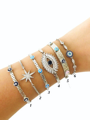 Silver Evil Eye Bracelet Set, Silver Bangle Bracelet, CZ Baguette Bracelet - Evileyefavor