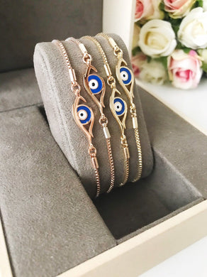 Blue Evil Eye Bracelet, Adjustable Rose Gold Bracelet, Evil Eye Jewelry - Evileyefavor