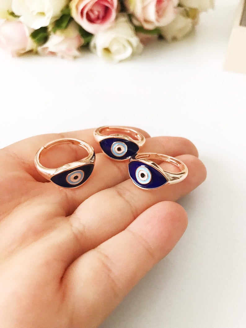 14K Rose Gold Evil Eye Ring, Handmade Evil Eye diamond Ring, Evil Eye Ring,  Pinky Ring, Protection Ring, Rose Gold Diamond Ring , Third Eye Ring