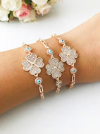 Clover Charm Bracelet, Blue Evil Eye Bead Bracelet, Rose Gold Chain Bracelet - Evileyefavor