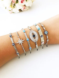 Silver Evil Eye Bracelet Set, Silver Bangle Bracelet, CZ Baguette Bracelet - Evileyefavor