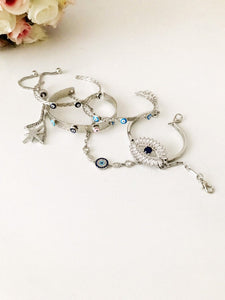 Silver Evil Eye Bracelet Set, Silver Bangle Bracelet, CZ Baguette Bracelet - Evileyefavor