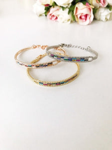 Rainbow Zircon Bangle Bracelet, Rose Gold Silver Cuff Bracelet, Bangles - Evileyefavor