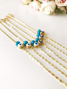 Gold Chain Bracelet, Evil Eye Bead, Blue White Evil Eye Bead, Greek Jewelry - Evileyefavor