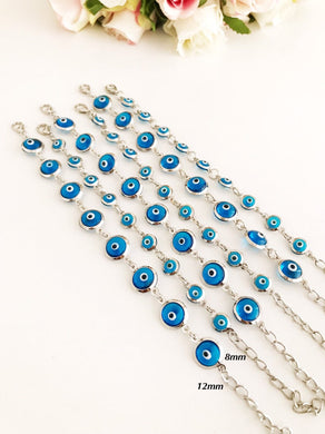 Silver Link Chain Bracelet, Clear Turquoise Bead Bracelet, Greek Evil Eye - Evileyefavor