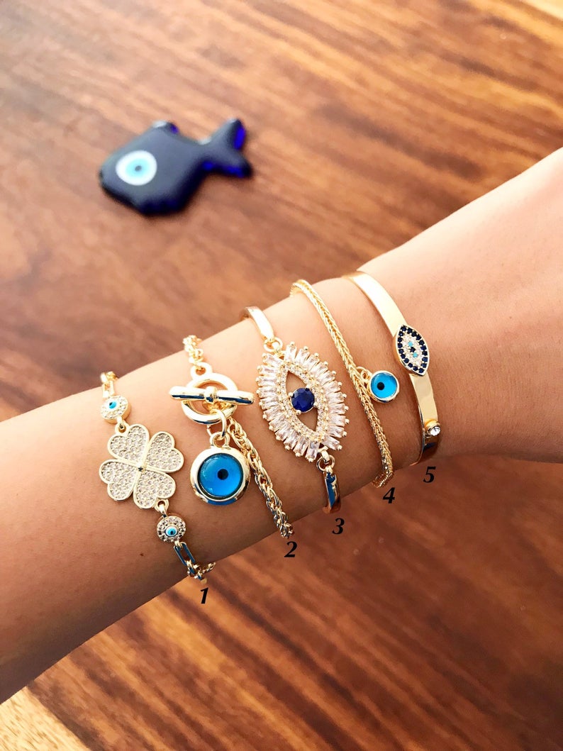 Gold Evil Eye Bracelet Set, Bangle Bracelet, Blue Evil Eye Bead - Evileyefavor