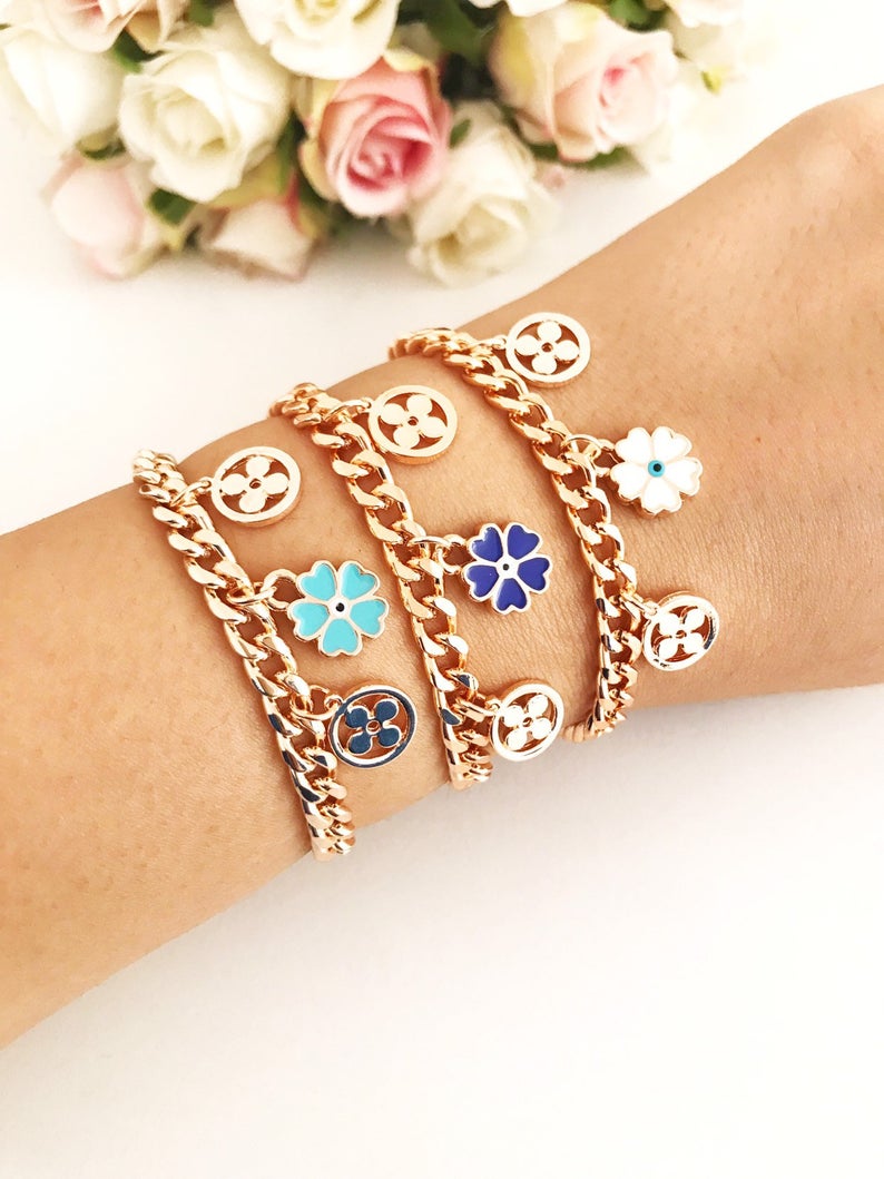 Rose Gold Chain Bracelet, Evil Eye Clover Charm Bracelet, Turkish