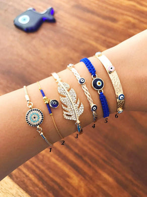 Greek Evil Eye Bracelet Set, Gold Bangle Bracelet, Blue Evil Eye Charm - Evileyefavor