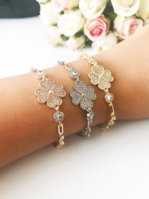 Evil Eye Clover Bracelet, Evil Eye Jewelry, Rose Gold Silver Four Leaf Clover Bracelet - Evileyefavor