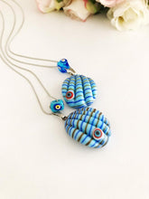 Evil Eye Necklace, Murano Seashell Necklace, Glass Oyster Shell Charm - Evileyefavor