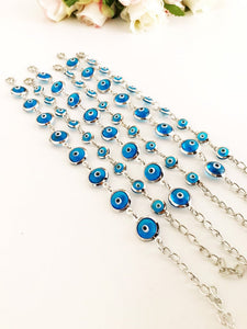Silver Link Chain Bracelet, Clear Turquoise Bead Bracelet, Greek Evil Eye - Evileyefavor