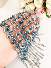 Silver Link Chain Bracelet, Clear Turquoise Bead Bracelet, Greek Evil Eye - Evileyefavor