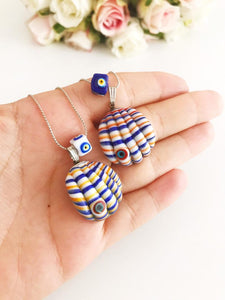 Evil Eye Necklace, Murano Seashell Necklace, Glass Oyster Shell Charm - Evileyefavor
