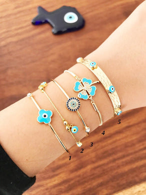 Gold Evil Eye Bracelet, Bangle Bracelet, Adjustable Clover Bracelet - Evileyefavor