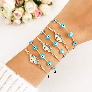 Evil Eye Bracelet Set, Evil Eye Bangle Bracelet, Adjustable Gold Bracelet, Turquoise Bead - Evileyefavor