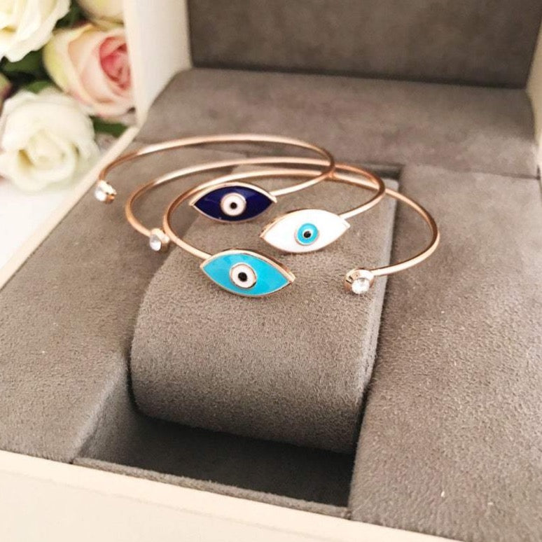Greek Evil Eye Bracelet, White Blue Evil Eye Bead, Bangle Bracelet - Evileyefavor