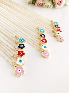 Evil Eye Necklace, Gold Enamel Necklace, Flower Heart Cross Necklace - Evileyefavor