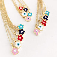 Evil Eye Necklace, Gold Enamel Necklace, Flower Heart Cross Necklace - Evileyefavor