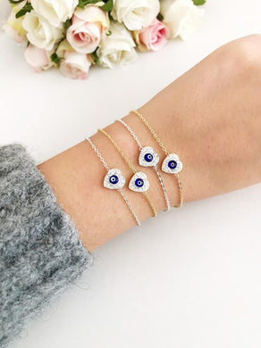 Heart Evil Eye Bracelet, Minimalist Bracelet, Gold Silver Chain Bracelet - Evileyefavor