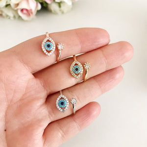 Adjustable Evil Eye Ring, Zircon Evil Eye Ring, Rose Gold Silver