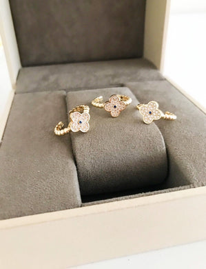 Gold Clover Ring, Adjustable Zircon Ring, Four Leaf Clover Charm - Evileyefavor