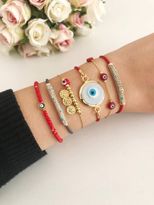 Evil Eye Bracelet, Red Beads Bracelet, Gold Link Chain Bracelet - Evileyefavor