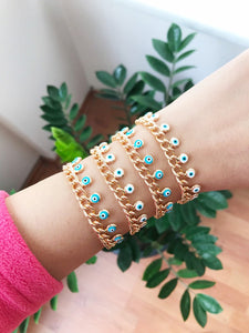 Evil Eye Gold Chain Bracelet, Blue White Beaded Bracelet, Link Chain Bracelet - Evileyefavor