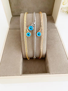 Evil Eye Chain Bracelet, Blue Evil Eye Bead, Byzantine Chain, Rose Gold Silver - Evileyefavor